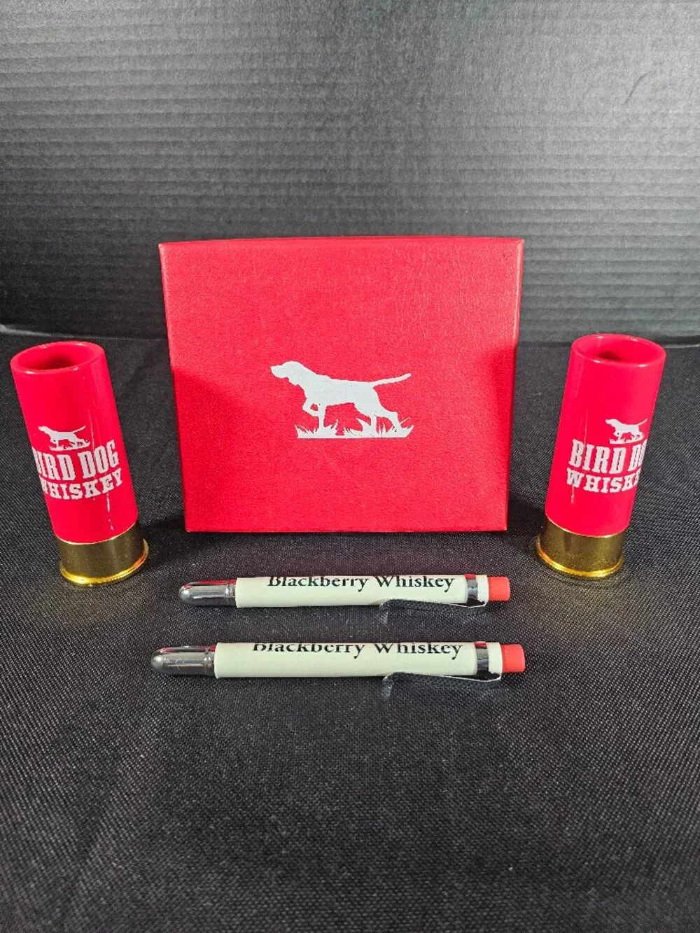 Rare Bird Dog Whiskey Promotion Set 2 Shotgun Shell Shot Glasses 2 Pins Gift Box